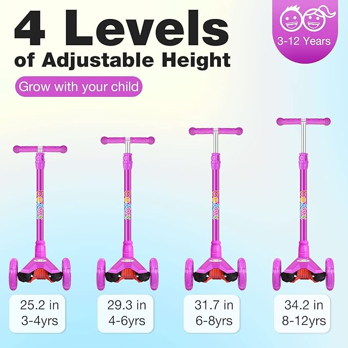 BELEEV Scooters for Kids 3 Wheel Kick Scooter for Toddlers Girls Boys, 4 Adjustable Height, Lean to Steer, Light up Wheels, Extra-Wide Deck, Easy to Assemble for Children Ages 3-12 (Rose Pink)