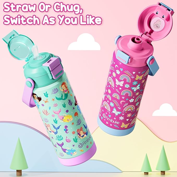 Kids Insulated Water Bottle with Pop-Open Straw & Spout 2-in-1 Lid, 18oz Leak Proof 18/8 Stainless Steel Vacuum Tumbler, BPA-Free Kids Cup For Travel School Boys Girls Toddler, Dinosaur & Monster Car