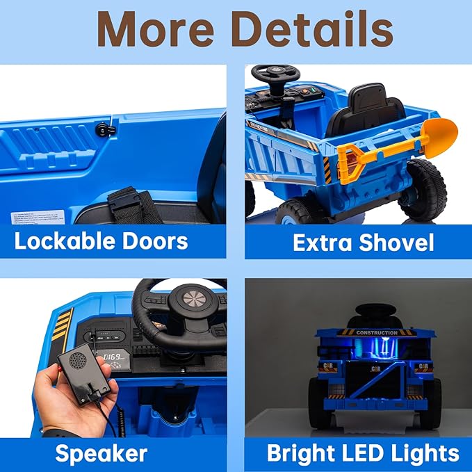 12V Ride On Construction Truck, Battery Powered Ride On Car with Remote Control, Kids Electric Vehicle with Shovel, Speaker, Blue