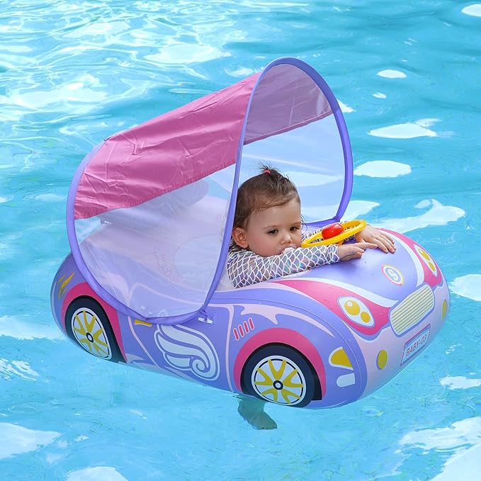 Swimbobo Toddler Pool Float Inflatable Car Baby Swim Float with Adjustable Sun Canopy and Safety Seat Pool Toys for Kids 3+ Years Old