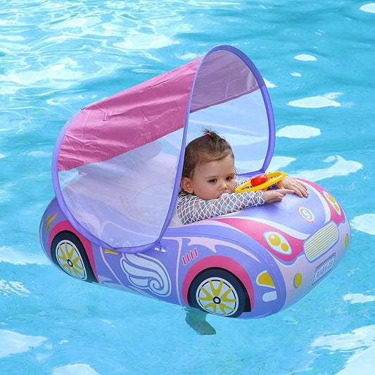 Swimbobo Toddler Pool Float Inflatable Car Baby Swim Float with Adjustable Sun Canopy and Safety Seat Pool Toys for Kids 3+ Years Old
