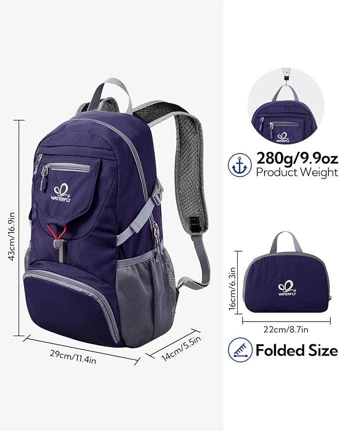 WATERFLY Small Lightweight Packable Backpack: 20l Ultra Light Foldable Travel Hiking Camping Daypack Day Pack for Man Woman