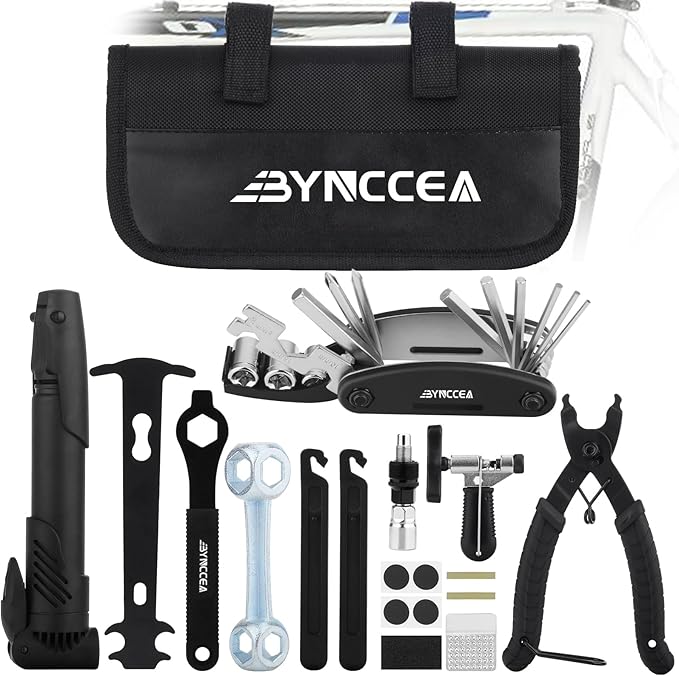 Bynccea Bike Tire Repair Tool Kit with Tire Pump, Portable Bicycle Repair Bag Bicycle Tyre Lever Patch Repair Tools, All in One Bicycle Tire Patch Kit for Mountain Bike and Road Bike