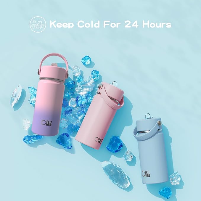 OISIZ Kids Water Bottle with Straw Lid 14oz, Vacuum Insulated 316 Stainless Steel Water Bottles for Kids for School, Leakproof Water Bottle, BPA Free and Keep Cold for 24 Hours
