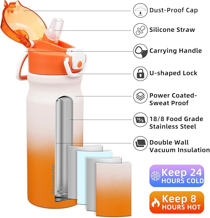 BJPKPK Stainless Steel Insulated Water Bottle with Straw Lid 18oz Reusable Metal Thermal Flask Bottles Keep Cold and Hot,Coral