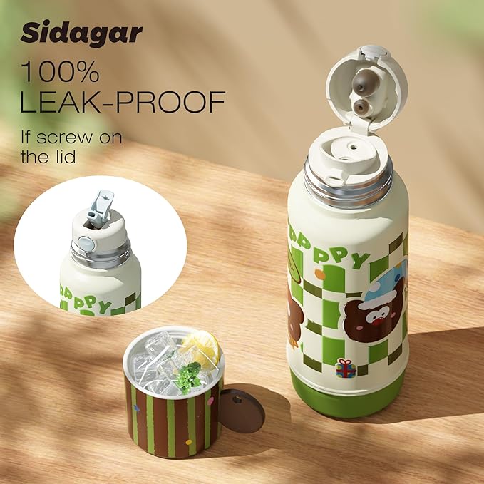 20 oz Cute Tumbler witn Lid and Straw, Insulated Stainless Steel Kids Water Bottle with Strap, Travel Leak Proof Coffee Cup, Bear