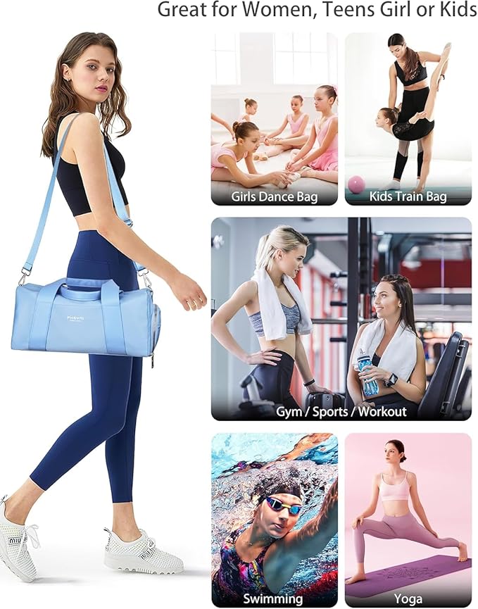 Compact Sports Gym Bag for Women, Cute Mini Duffle Bag with Wet Pocket & Shoes Compartment, Personal Item Travel Workout Bag, 16"- Small, Sky Blue