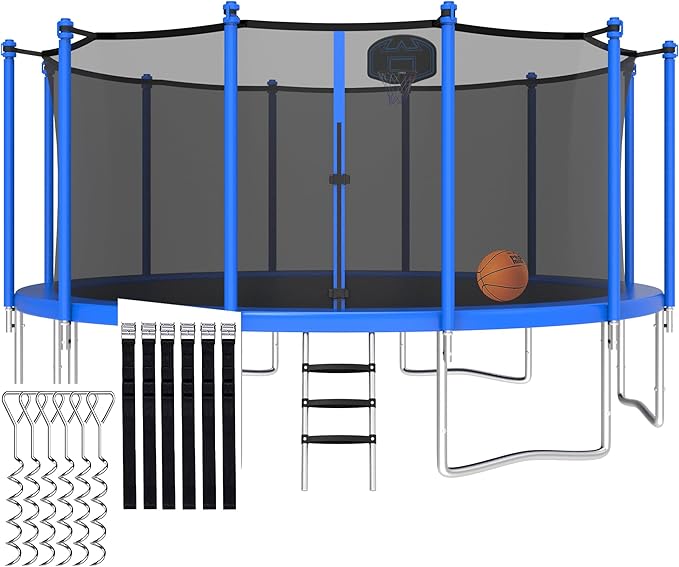 1500LBS 8 10 12 14 15 16 FT Tranpoline for Adults/Kids with Safety Enclosure Net, Basketball Hoop, Ball, Wind Stakes and Ladder, Heavy Duty Outdoor Recreational Tranpolines for Family