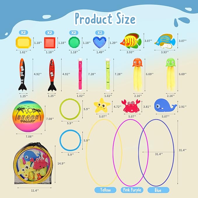 Diving Toys, 27 Pcs Pool Toys with Swim Thru Rings for Kids Age 3-12, Dive Sticks, Rings, Gem, Octopus, Torpedo, Mesh Bag Include
