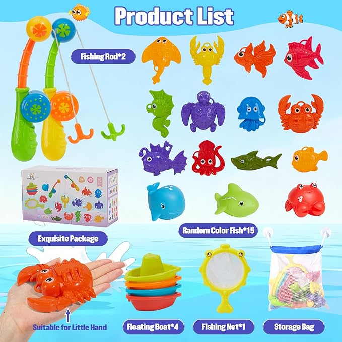 Bath Toys Fishing Toys Game for Kids Ages 1-3, 22 PCS | Mold-Free Toddler Bath Toys with Fishing Pole Rod Net Floating Fish & Storage Bag, No Hole Bathtub Toys, Outdoor Water Toys for Kids Ages 4-8