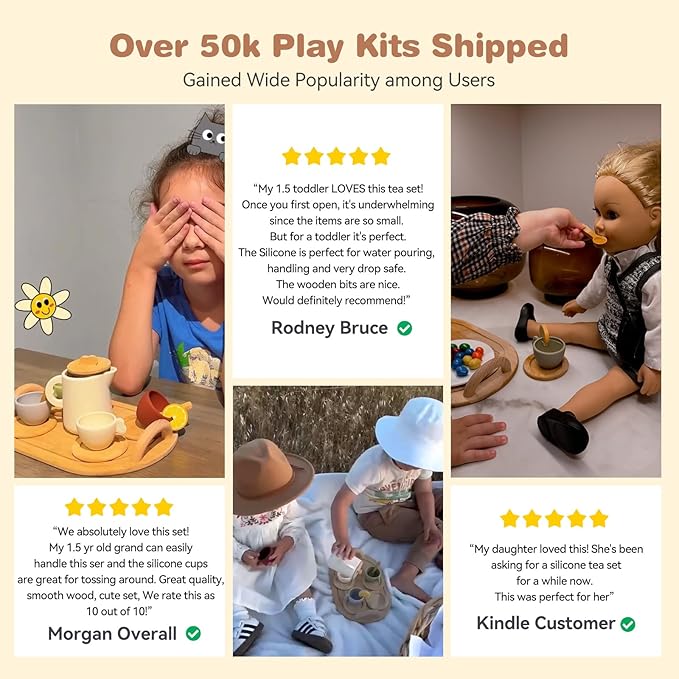 Youuys Wooden Tea Party Set for Toddler 3-5,Kids Tea Sets for Little Girls 4-6, 14pcs Silicone Kitchen Accessories, Pretend Play Montessori Toys with Tray for 3 4 5 6 Year Old Birthday