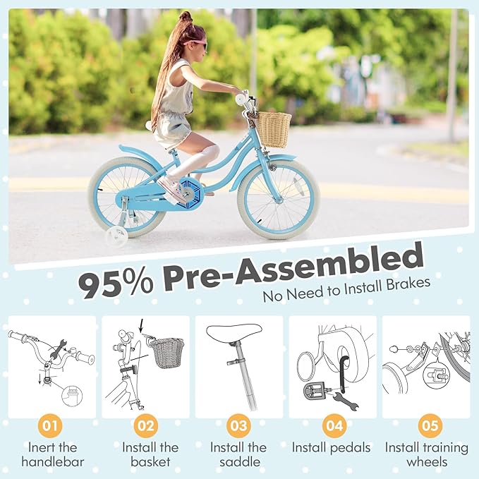 COSTWAY Kids Bike, 14 16 18 Inch Toddler Bike with Training Wheels, Basket, Adjustable Seat & Handlebar, Hand & Coaster Brakes, Bell, for Girl Boy Aged 3-8 Years Old