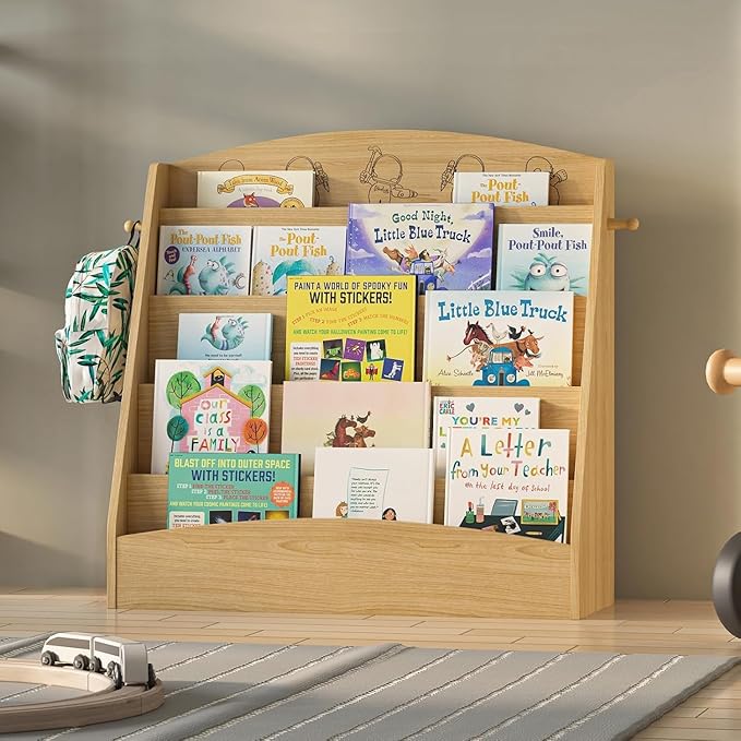 5-Tier Kids Bookshelf Montessori Toddler Book Rack Baby Bookcase Floor Front Facing Magazine Display Shelf for Bedroom Playroom Nursery Classroom Kindergarten Wood (Natural)