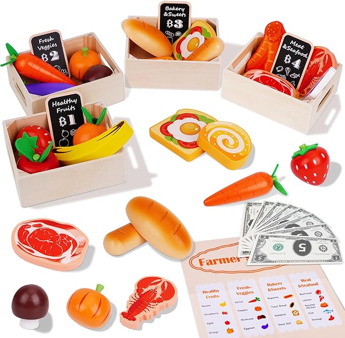KMTJT Wooden Play Food for Toddlers 1-3 | 46 PCS Toy Food with Play Money for Pretend Play Kitchen Accessories | Wood Play Fake Food Sorting Toys for 12-18 Months Boys Girls | 1st Birthday Gifts