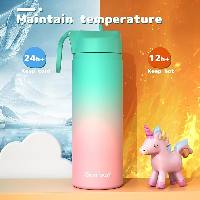 Kids Water Bottle, 2-Pack 20oz Water Bottles with Stickers and Straw, Stainless Steel Vacuum Insulated cup, Kids Water Bottle for School, Gifts for Boys and Girls(Purple/Green)