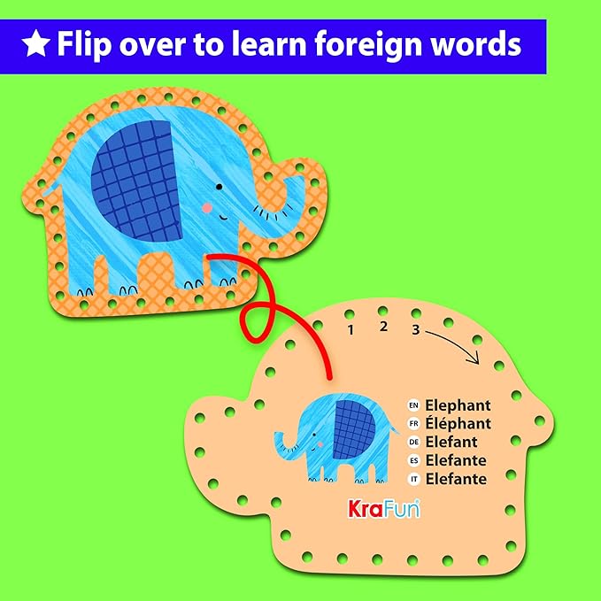 KRAFUN Beginner Preschool Lacing Card Kit for Kids Arts & Crafts, 5 Easy Safari and Animal Lacing Projects, Paper Craft Cards for Toddlers, Fine Motor Skills Training Toys