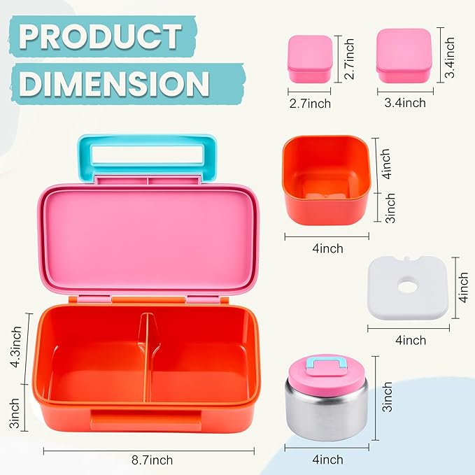 PIQUEBAR Kids Lunch Box with 8oz Thermo, Leakproof Bento Box with Insulated Bag, Kids Insulated Water Bottle with Straw, Food Lunch Container for Back to School Girls Boys, Pink