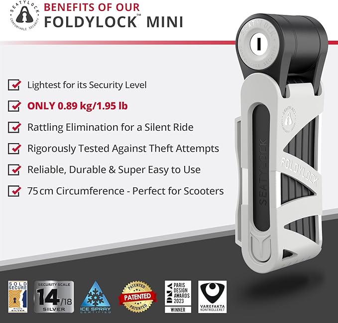 Seatylock FoldyLock Mini Folding Bike Lock - Patented Lightweight Bicycle Lock - Heavy Duty Anti Theft Guard with Key for Electric Scooter & City Bikes