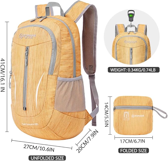 ZOMAKE 25L Ultra Lightweight Packable Backpack, Foldable Hiking Backpacks Water Resistant Small Folding Daypack for Travel(Muddy Yellow)