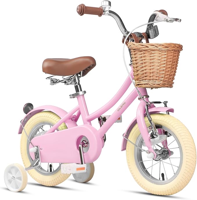 Glerc Little Molly 12-20 Inch Kids Retro Cruiser Bike for 2-13 Year Old with Wicker Basket & Training Wheels/Kickstand, Multiple Colors