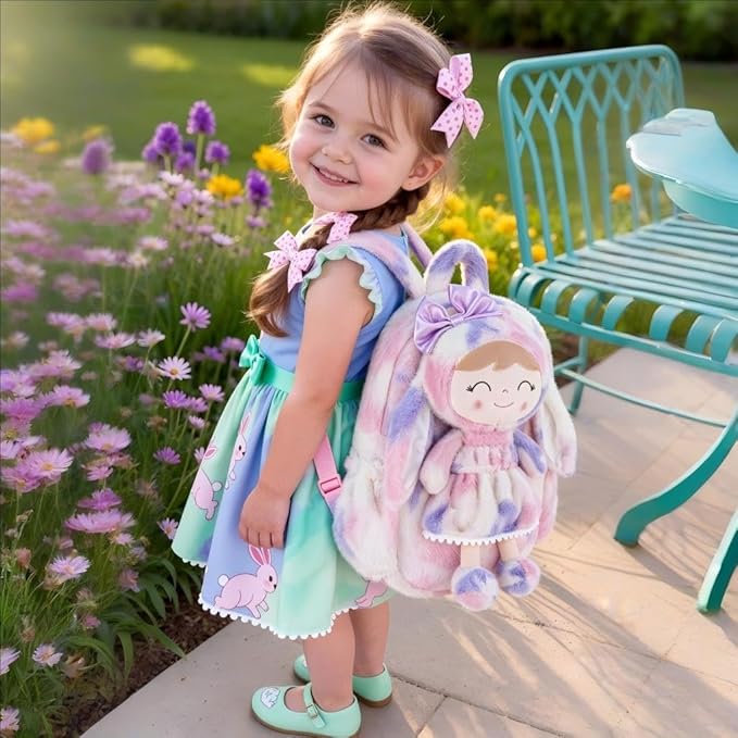 Gloveleya Back to School Gifts for Girls Backpack Plush Diaper Bag Detachabale Doll Tie-dye Purple and Soft Rabbit Design Aged 2+