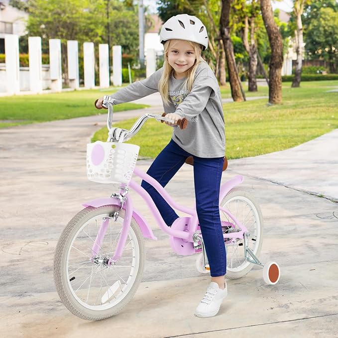 COSTWAY Kids Bike, 12 14 16 18 Inch Toddler Bike Children Bicycle w/Training Wheels, Hand & Coaster Brakes, Adjustable Saddle & Handlebar, Basket, Bell, Kids Bicycle for Girls Boys Aged 3-8 Years Old