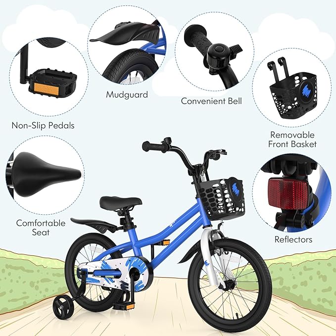 COSTWAY Kids Bike, 12 14 16 18 Inch Toddler Bike for Boys & Girls Aged 3-8 Years Old, Kids Bicycle w/Removable Training Wheels, Handbrake & Coaster Brake, Basket, Bell