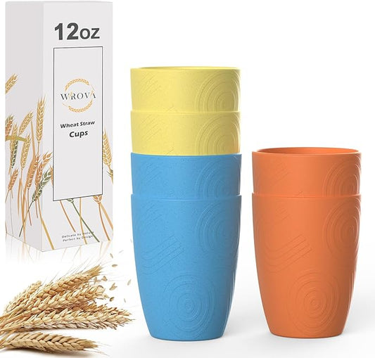 unbreakable wheat straw cups 12oz set of 6 with textured pattern anti slipping,alternative plastic drinkings cups suitable for hot and cold beverage,Yellow-Orange-Blue