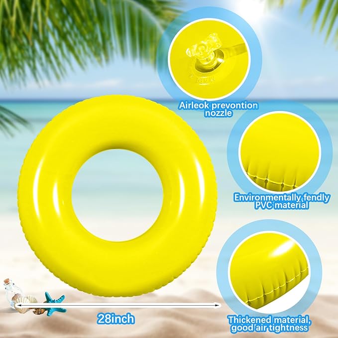 6 Pcs Inflatable Pool Floats 28 Inches Swim Tube Bulk for Adults Swimming Ring Pool Floaties for Beach Party Decorations Women and Men River Lake Summer Vacation Holiday (Yellow)