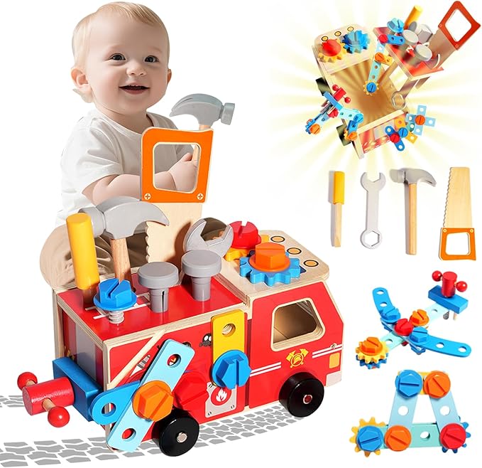 Toddler Tool Set - 33 PCS Wooden Kids Tools with Firetruck-Shaped Box / Bench, Montessori Educational Pretend Play Preschool Toys Gifts for 3 Year Old boy Girl Kids, STEM fine Motor Skills Tool Set
