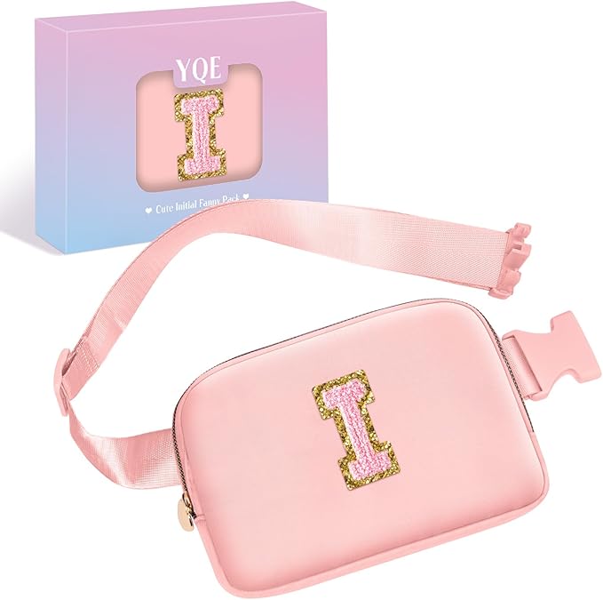 Belt Bag Fanny Pack Crossbody Bags with Initials Letter Patch，Gift Idea for Tween Daughter Granddaughter Niece Her，Cute Stuff Birthday Gifts for Teenager Girls Trendy Stuff for Teens (Pink, I)