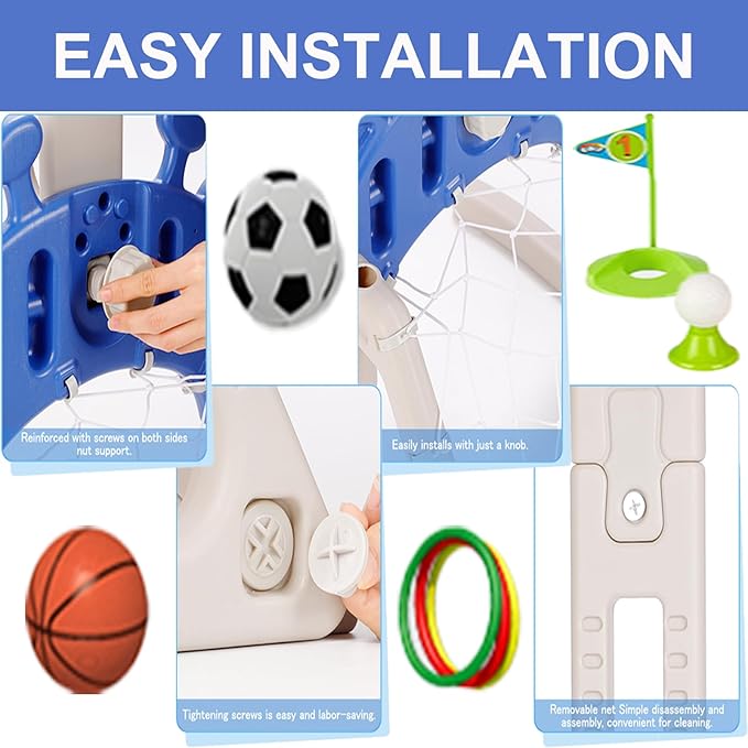 5 in 1 Adjustable Height Sports Center for Toddler 3-5, Indoor Toy Set with Basketball Hoop Soccer Golf Hoops Dart, Best Sports Toys (Blue, Basketball + Soccer + Golf + Hoops + Dart)