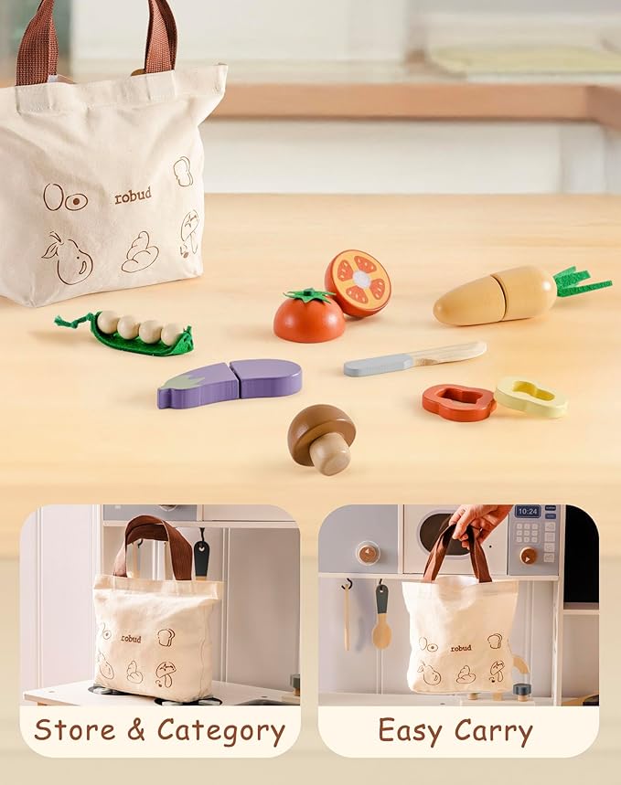 ROBUD Wooden Toy Food Set, Cutting Play Food for Kids Kitchen Accessories Pretend Toy Food Playset with Storage Bag, Toys Gifts for Girls Boys Age 3+, Vegetable Set