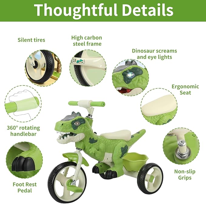 Dinosaur Kids Tricycle for Rider, Toddlers 2-6 Years - Trike Bike with Music, LED Lights, Storage Basket & Rubber Wheels | Indoor/Outdoor Big Wheels Bike Gift for Boys & Girls