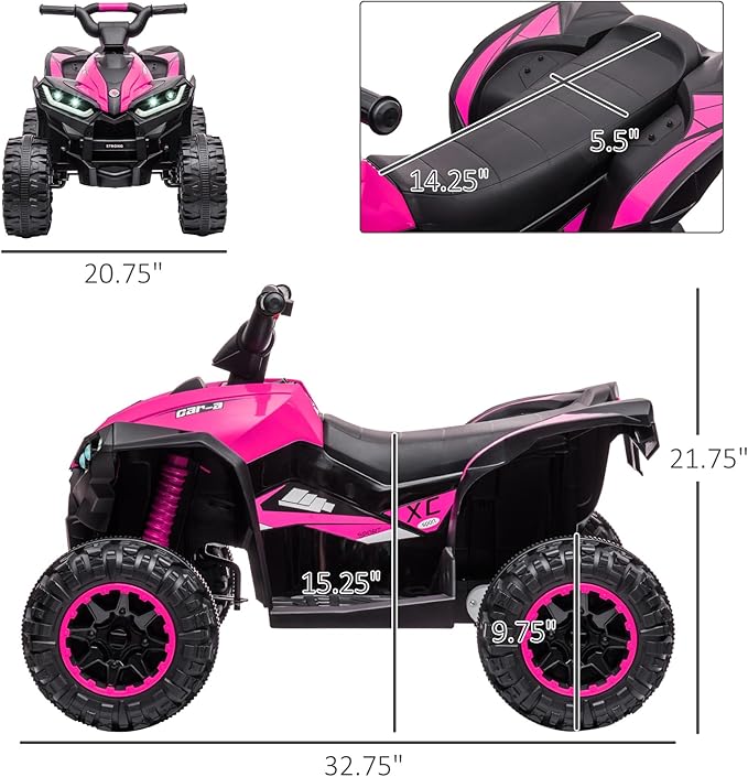 Aosom 12V Kids ATV Quad Car with Forward & Backward Function, Four Wheeler for Kids with Wear-Resistant Wheels, Music, Electric Ride-on ATV for Toddlers Ages 3-5 Years Old, Pink