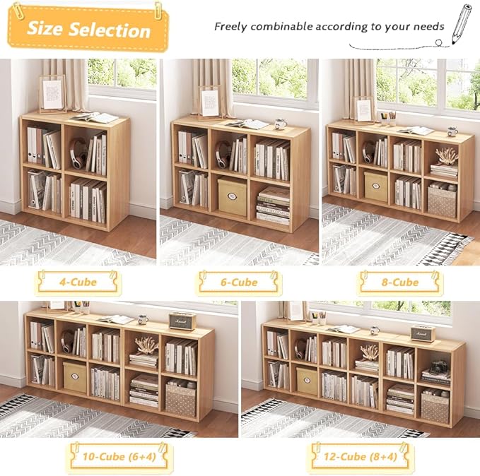 8 Cube Organizer Bookcase - Fabric Storage Bins Container, Open Shelf Simple Compartments Bookshelf, Oak