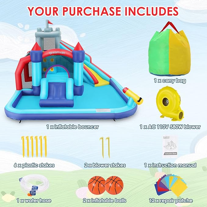 AKEYDIY Inflatable Bounce House,12in1 Bounce Castle Slide Park for Kids 3-12, Royal Blow Up Bounce Houses w/Long Slide,Climbing Wall,Inflatable Water Park for Kids Indoor Outdoor Party