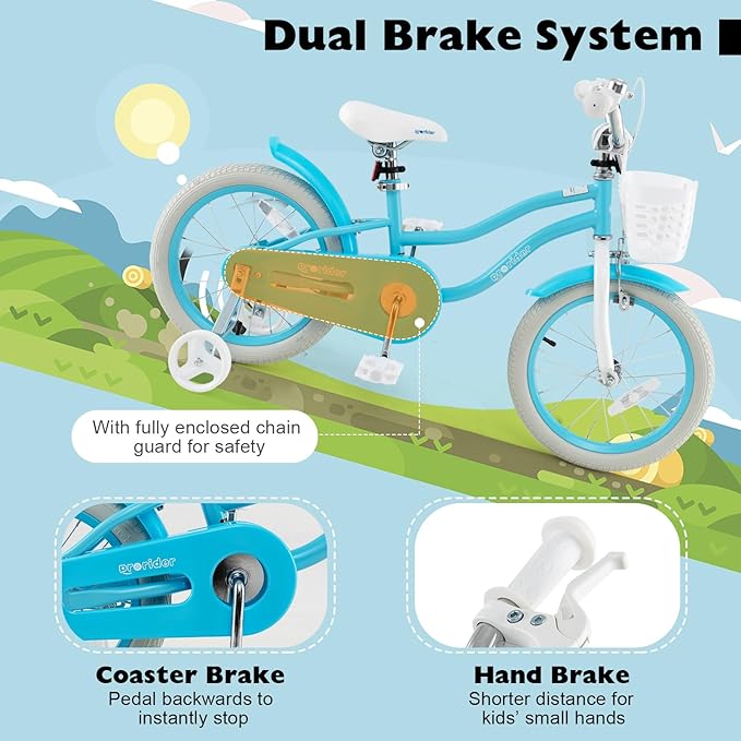 BABY JOY Kids Bike, 12 14 16 18 20 Inch Boys Girls Bike w/Adjustable Seat, Removable Basket, Handbrake & Coaster Brake, Training Wheels or Kickstand, Kids Bicycle with Multi-Color