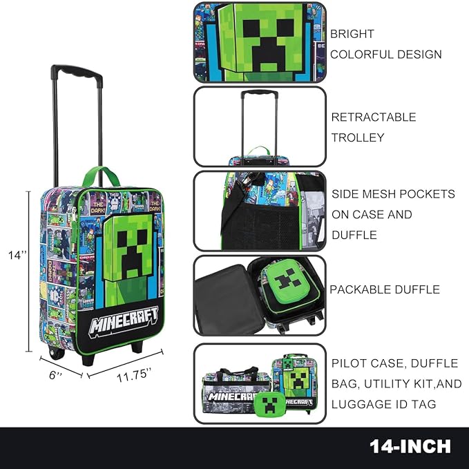 Bioworld Minecraft Creeper Youth 4-Piece Travel Set-14 Carry-on, Duffle Bag, and Luggage Tag Set