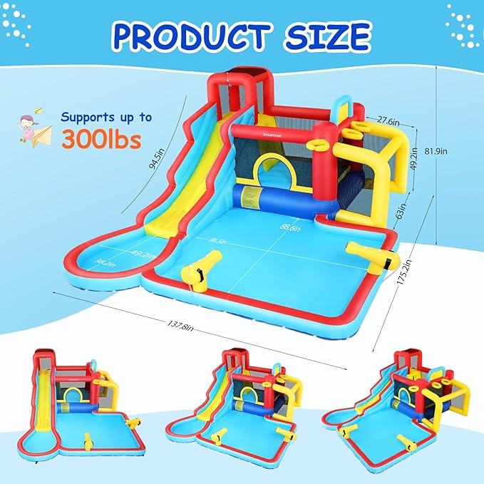 Inflatable Water Slide for Kids, 10-in-1 Water Bounce House Backyard Waterpark with Long Water Slide & Large Splash Pool Wet Dry Combo for Kids Outdoor Party Gifts, Includes 620w Blower