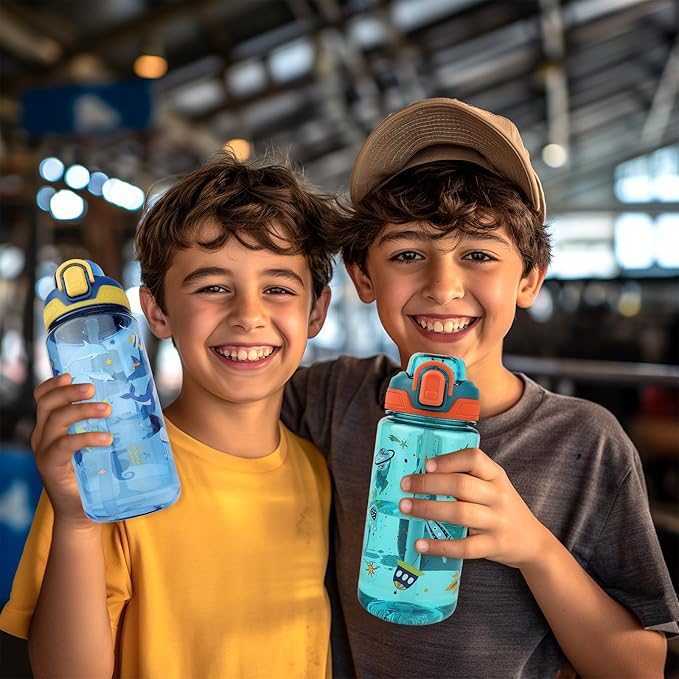 Kids Water Bottle for School or Travel, 20 Oz 2 Pack Durable Plastic Water Bottle with Silicone Straw and Pop-Up Spout Cover, BPA Free & Dishwasher Safe(Rocket & Ocean Animals)