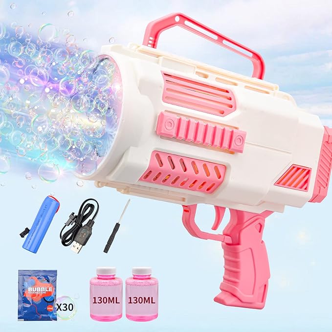 Upgraded Bubble Gun No Dip, Bubble Machine Gun with Light, 9000+ Bubbles Per Min Bubbles for Kids Toys, 2025 Top for Kids, Grandkids, Boys, Girls 3-12 Years Old -Pink