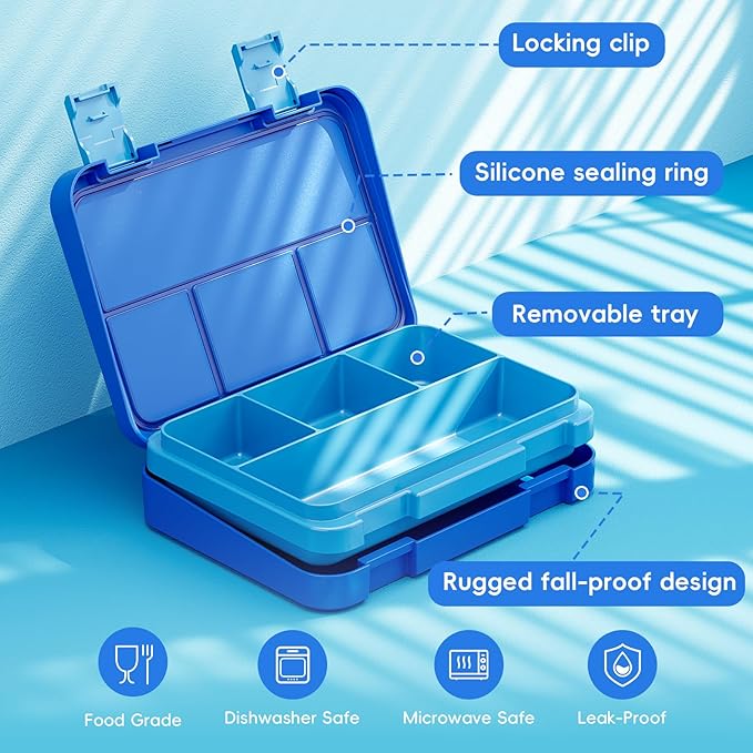 Bento Lunch Box for Kids, 4 Compartments Kids Leak Proof Bento Lunch Boxes Food Containers for School, Travel, On-the-Go Meal, Food Grade, Microwave, Dishwasher Safe, Pure Blue