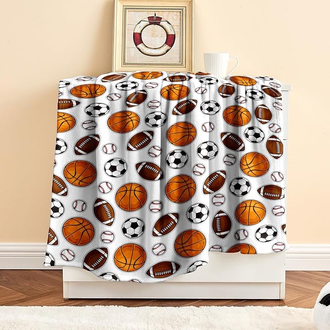Wajade Sports Balls Blanket for Boys Soft Fleece Baseball Basketball Soccer Blanket for Couch Sofa Bedroom Fuzzy Flannel Blankets Birthday for Kids Boys 60"x80"
