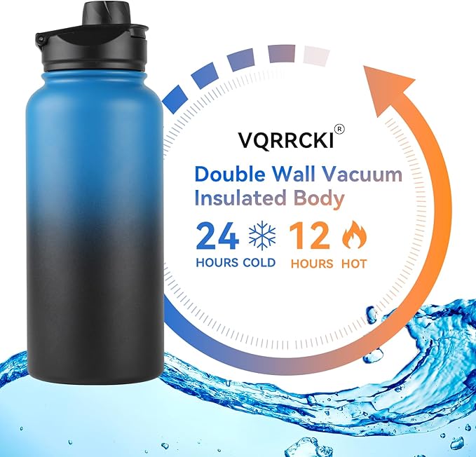 32 Oz Insulated Water Bottle with Straw Lid & Wide Mouth Lids, Stainless Steel Sports Water Bottles, Double Walled Vacuum, Leak Proof, Blue Black Gradient