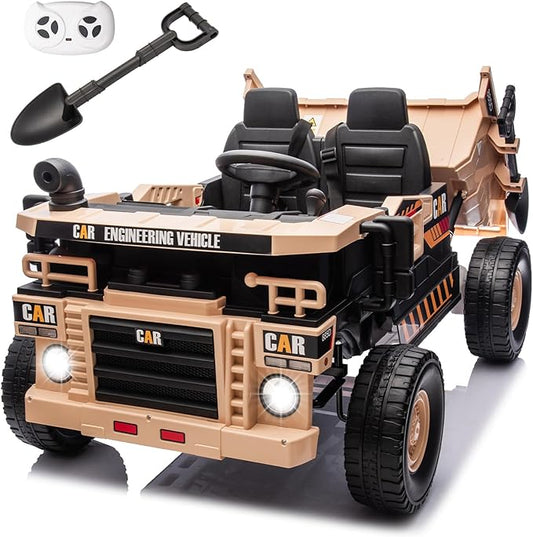 12V 10AH 2-Seater Kids Ride on Truck Electric Toy Car with Electric Dump Bed, Parents Remote Control Kids Car Tractor Toys Ride-on Dump Truck for Boys and Girls Ages 3+, Khaki