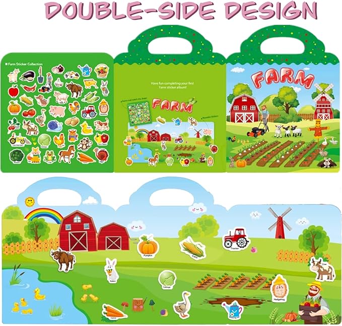 Reusable Sticker Book for Kids, Farm Stickers Educational Learning Toys Travel Stickers Activity Books for Toddler Girls Boys Age 3+ Birthday Gifts