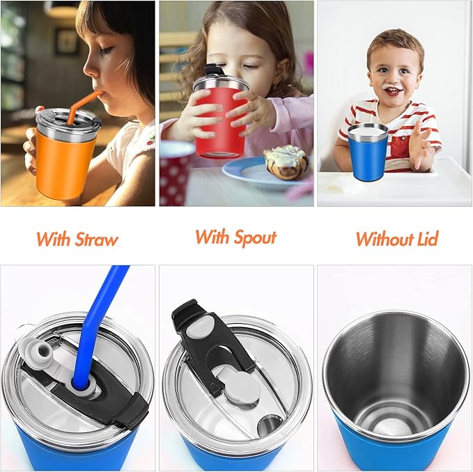 Kids Cups with Straws and Lids Leak Proof, 12oz Sippy Cups for Toddlers 1-3 No Spill, 6 Pack Spill Proof Cup Stainless Steel Kids Cup with Lids for School, Outdoor