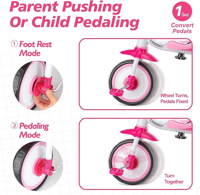Liberry 2 in 1 Toddler Tricycle Age 2 3 4 Years Old, Kids Trike with Light Up Wheels, Adjustable Push Handle, 3 Wheel Bike Outdoor Indoor Riding Toy Gift for Girls Boys, Pink