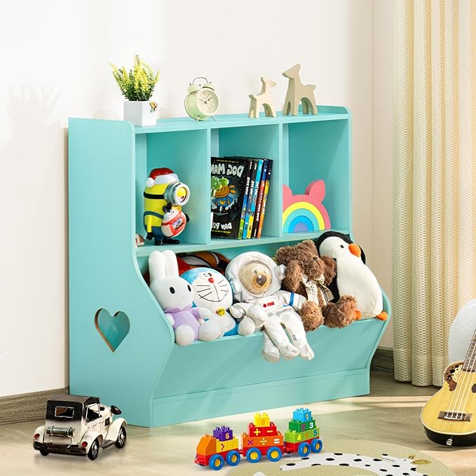 Lerliuo Kids Storage Organizer, Children Small Bookcase and Bookshelf, Toddler 4 Cubby Cabinet, Wood Book Shelf for Playroom, Bedroom, Living Room, Nursery, School 30.51'' H (Green)